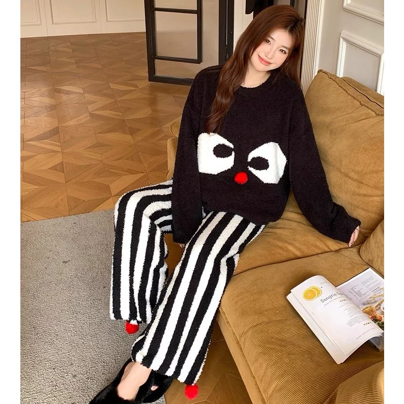 搞怪条纹半边绒睡衣女秋冬季加厚加绒冬天软绵绵家居服保暖两件套