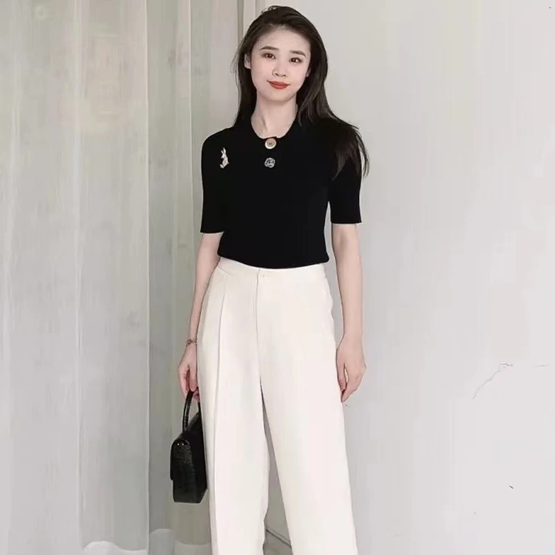 GIRDEAR/哥弟1399622显瘦洋气高腰薄款夏季轻奢简约款气质短袖T恤