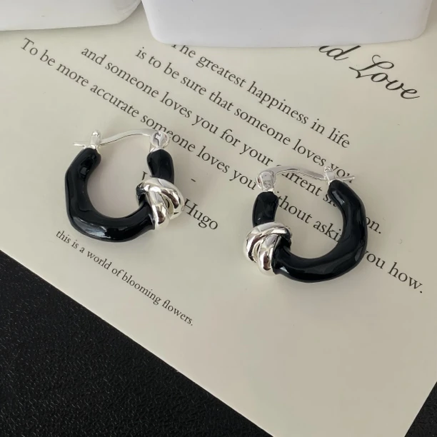 黑银撞色不规则复古百搭小众耳环E1116