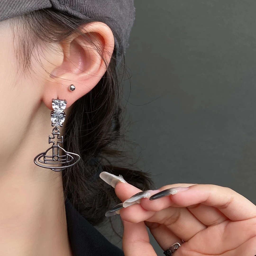 星球元素土星耳环双爱心锆石耳钉高级感时尚耳环耳饰E0204