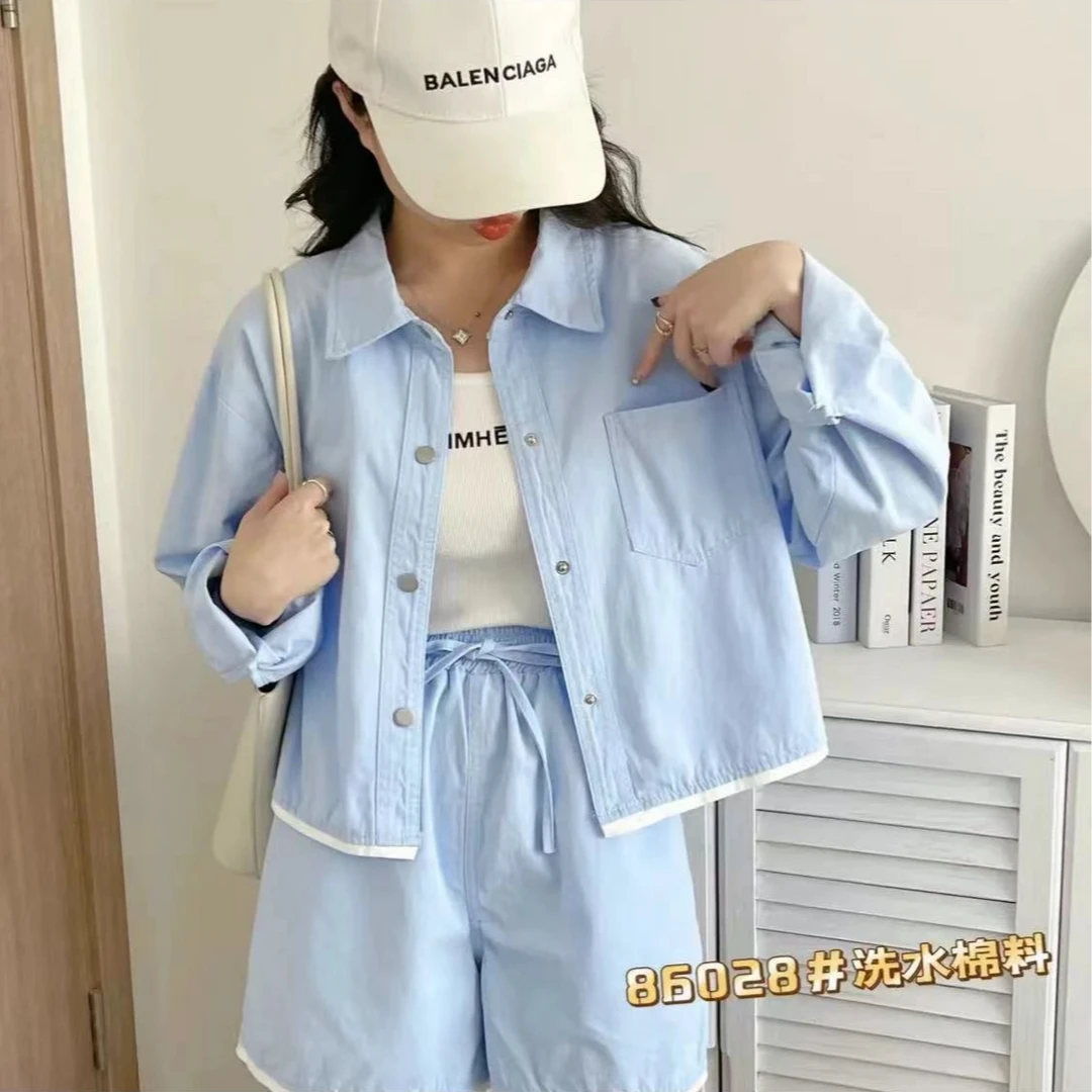 琦琦子 A3375# 东大门韩版蓝色衬衫短裤两件套