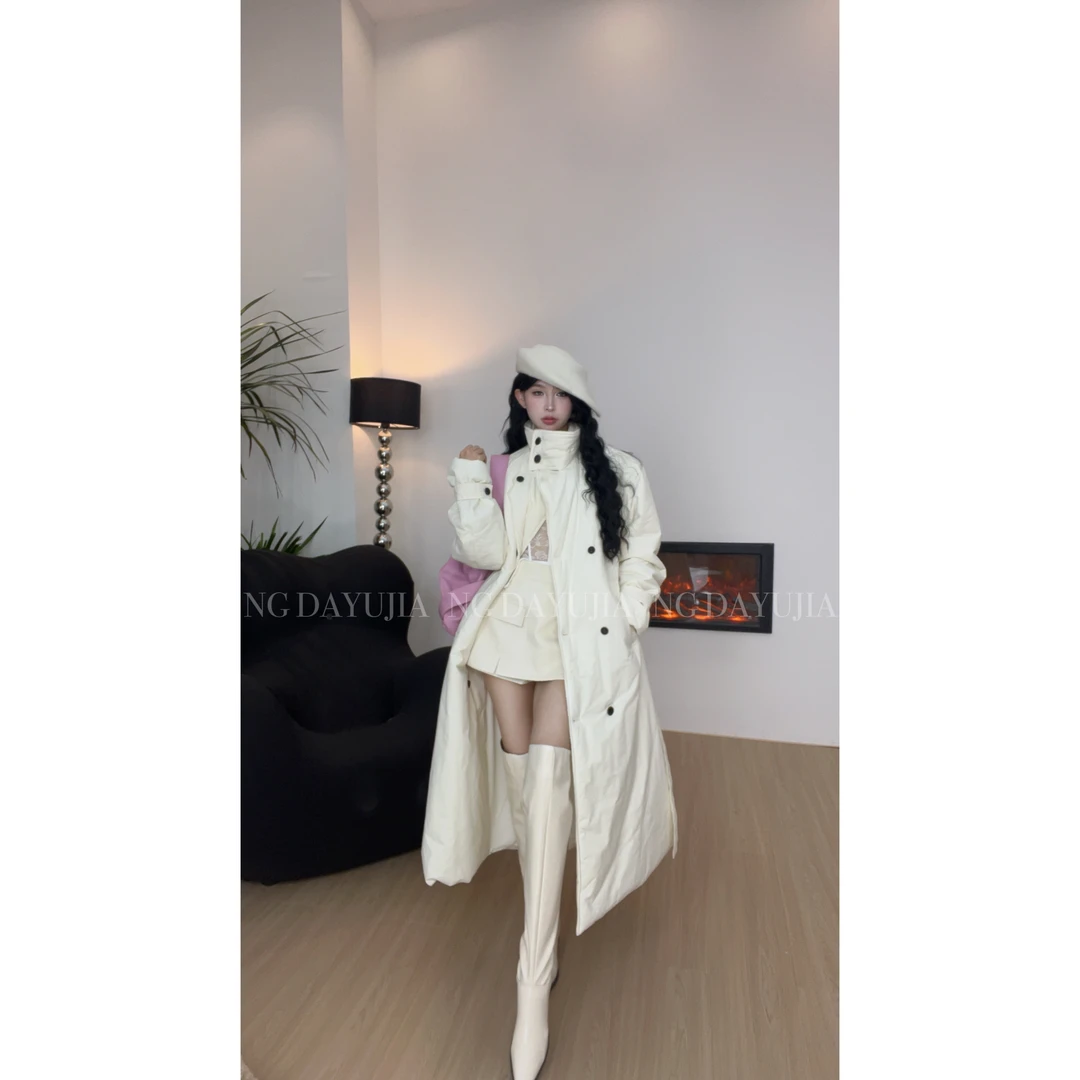 DAYU【NO退NO换】自制立领米白色风衣长款收腰棉服外套 奶油泡芙