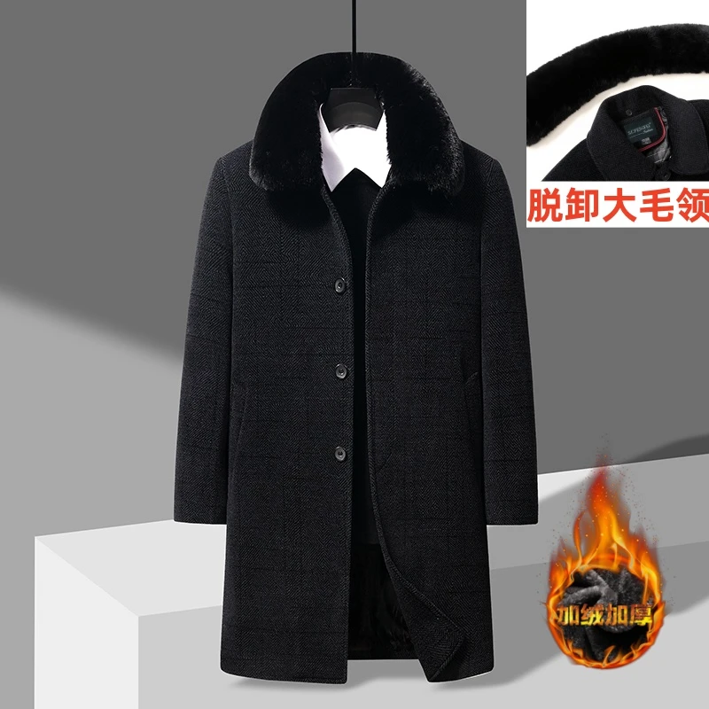 冬季中老年男士加绒加厚风衣翻领单排扣长袖外套