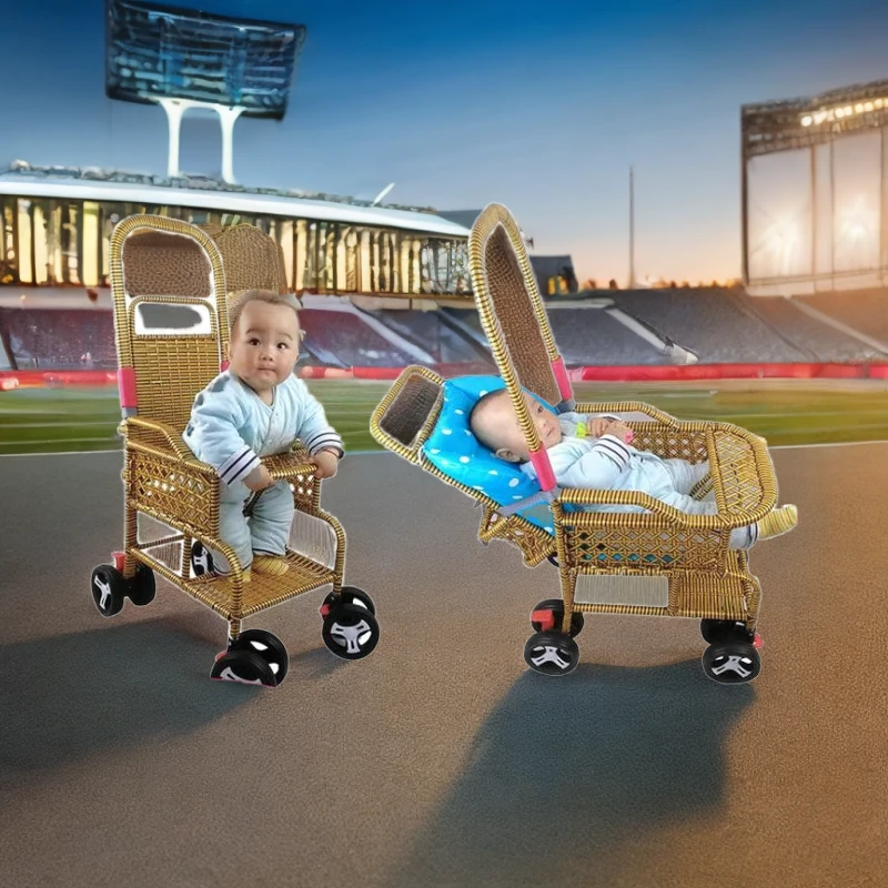 睿捷仿藤竹藤折叠藤椅婴儿小推车可坐可躺轻便竹编藤编夏季藤推车