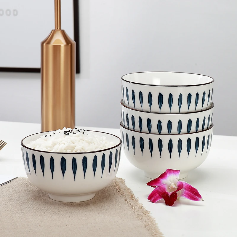 孟垣和风千叶草家用简约小清新创意釉下彩4个装4.5英寸陶瓷米饭碗