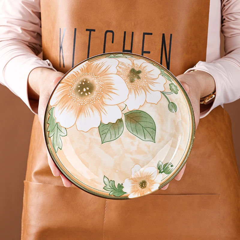 孟垣山茶花7英寸盘高温烧制复古餐具家用创意手绘釉下彩圆盘餐具