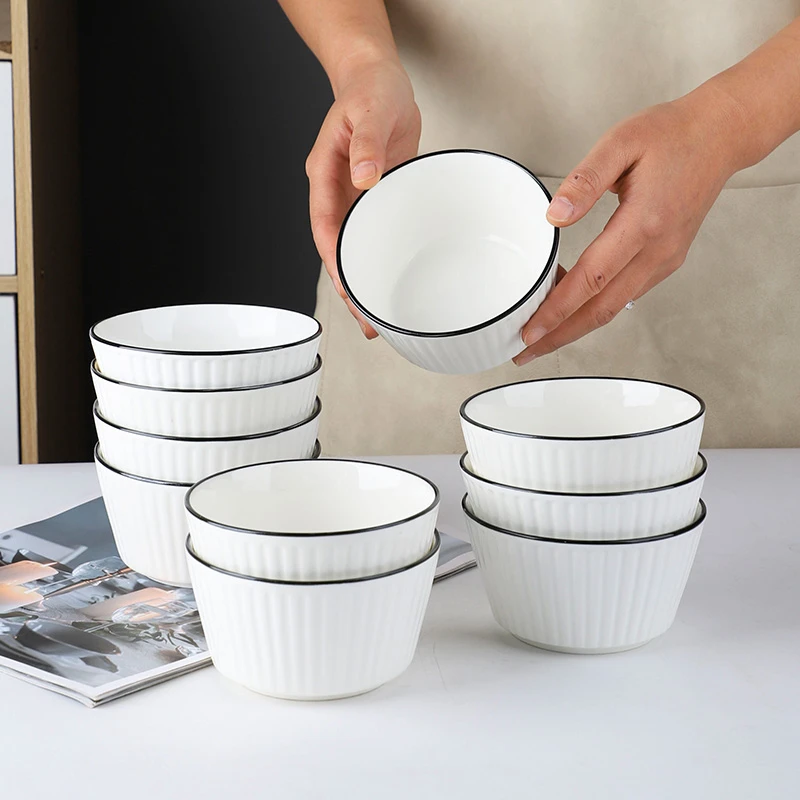 孟垣10个装大号/欧式美式竖纹黑线饭碗家用釉下彩陶瓷碗米饭碗