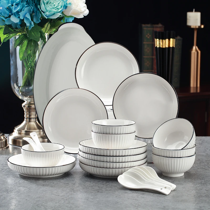 孟垣31件套欧式黑线纯白竖纹碗碟盘陶瓷餐具套装【分2个包裹发】