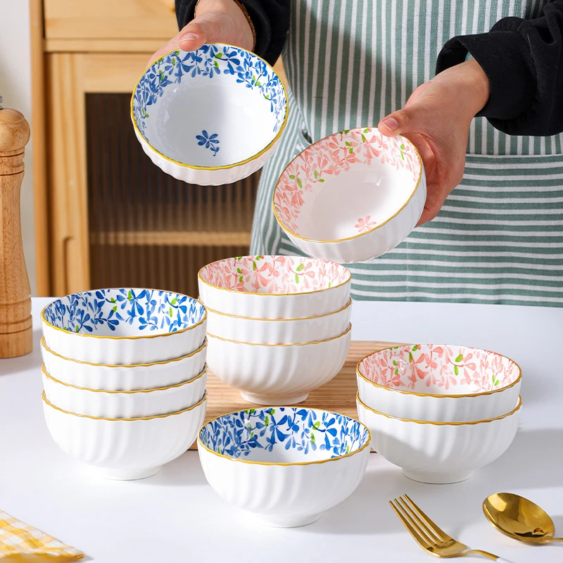 【孟垣】四季繁花12个装4.5英寸炫月碗家用陶瓷汤碗釉下彩吃饭碗