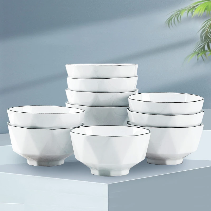 【大美家】纯白钻石黑边釉下彩10个装4.5英寸陶瓷吃饭碗米饭碗