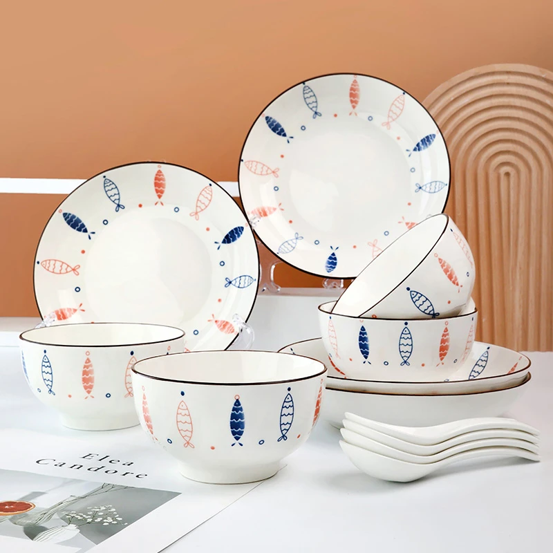 【孟垣】小鱼16件套4碗4盘4勺4筷陶瓷大号釉下彩吃饭碗盘子套装家用