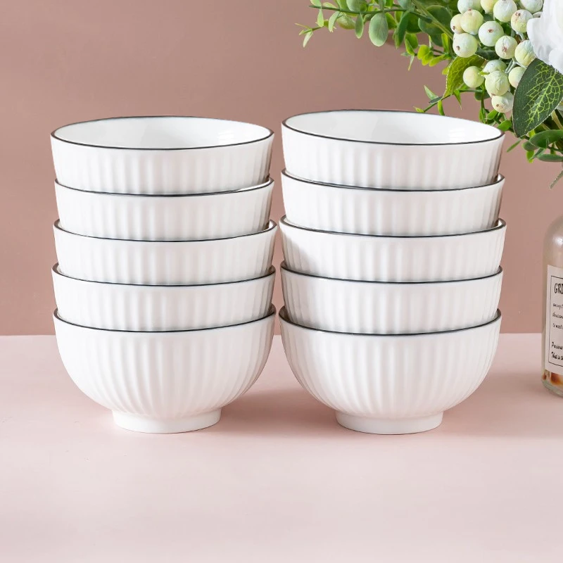 孟垣10个装欧式竖纹4.5英寸饭碗家用陶瓷釉下彩汤碗米饭碗吃饭碗