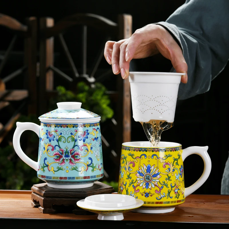 陶瓷茶杯带盖家用创意水杯男大容量泡茶杯办公杯马克杯珐琅彩杯子
