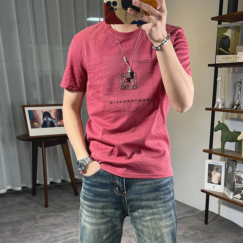 棉麻男士短袖t恤夏季创意字母贴布印花刺绣薄款凉爽半袖t青年