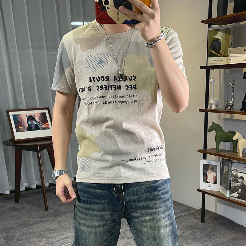 夏季新款冰丝麻短袖T恤男棉麻上衣迷彩字母印花轻薄开叉休闲半袖t