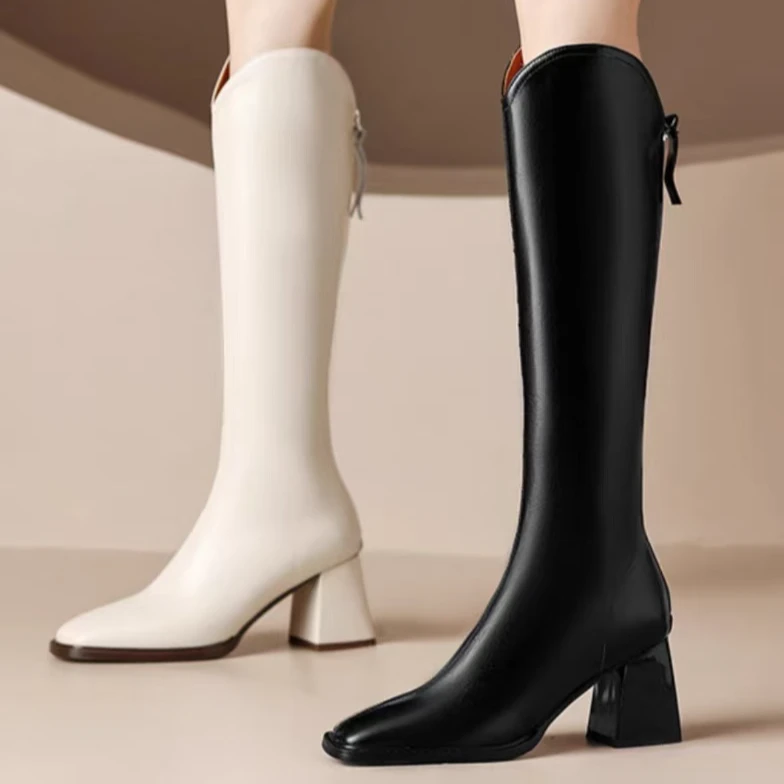 2021新款真皮网红款粗跟百搭高跟长筒秋冬骑士时尚加绒靴断码处理