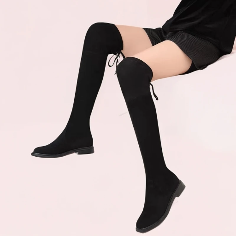 新款过膝靴长筒靴高筒靴显瘦时尚百搭平底单里弹力靴女士瘦瘦靴
