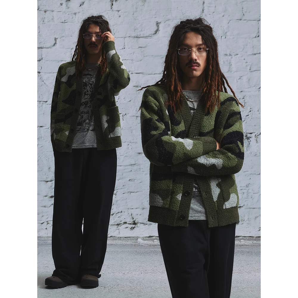 迷彩开衫毛衣 超柔软慵懒针织外套 年九一口贰