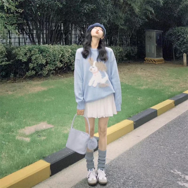 宽松套头冬季百搭时尚小狗提花套头毛衣圆领针织衫新款潮流情侣