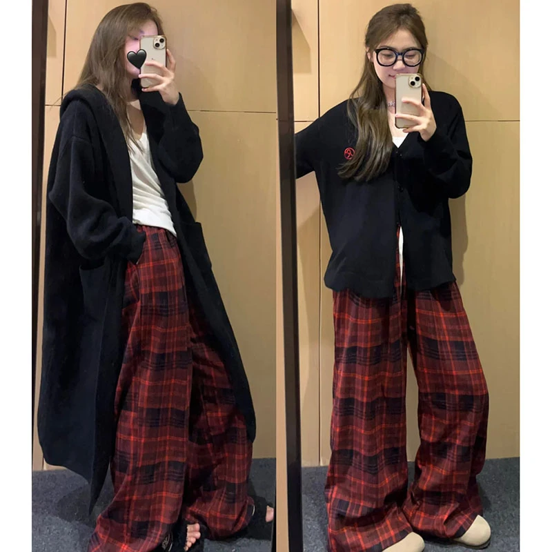 红色格子裤女春秋款小个子高腰垂感休闲裤慵懒遛弯复古直筒阔腿裤