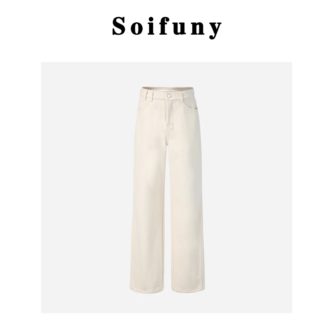 Soifuny冬款加绒经典阔腿牛仔裤女2023新款拖地裤T360