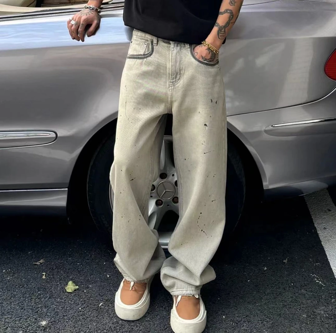 GXXSTUDIO冬季新品美式烟灰泼漆直筒休闲裤高街潮流牛仔裤男生