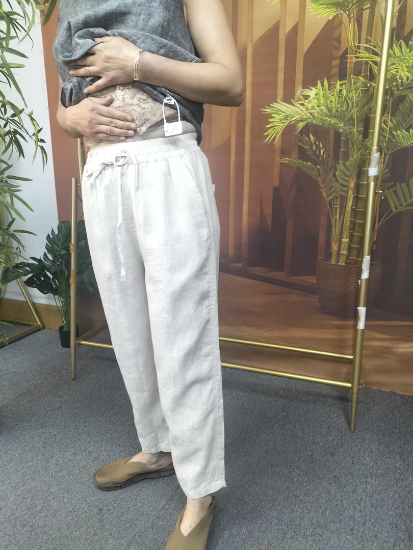 木子家天花板雨露麻色织亚麻哈伦小脚裤拍一送一条短内裤休闲