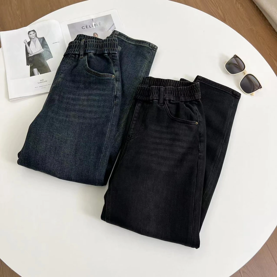 AN076P   松紧腰拼色腰袢抓毛牛仔老爹哈伦裤（卡码不拍大）