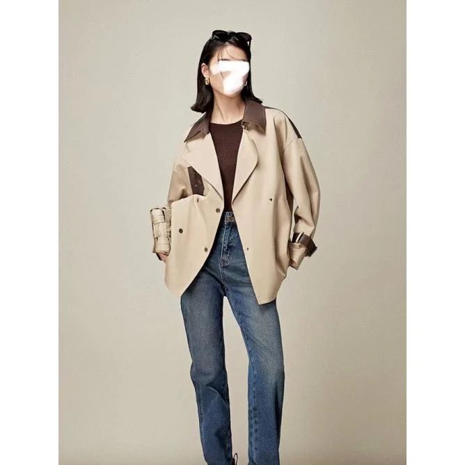 小静折扣~HZ876  拼皮撞前短后长弧形衣摆风衣外套（卡码拍大）