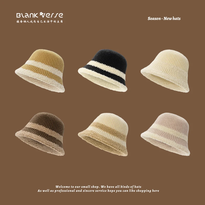 毛绒拼接毛线渔夫帽子女秋冬季新款百搭保暖韩版显脸小优雅针织帽