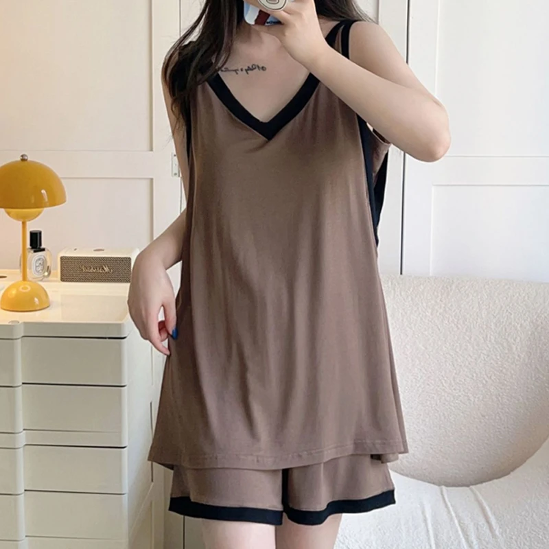 庆同夏季睡衣女士带胸垫无袖背心短裤甜美显瘦少女外穿家居服套装