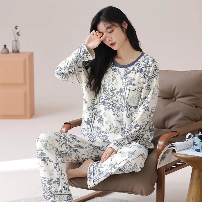 庆同睡衣女款2024新款春秋款夏季女士带胸垫一体家居服套装可外穿