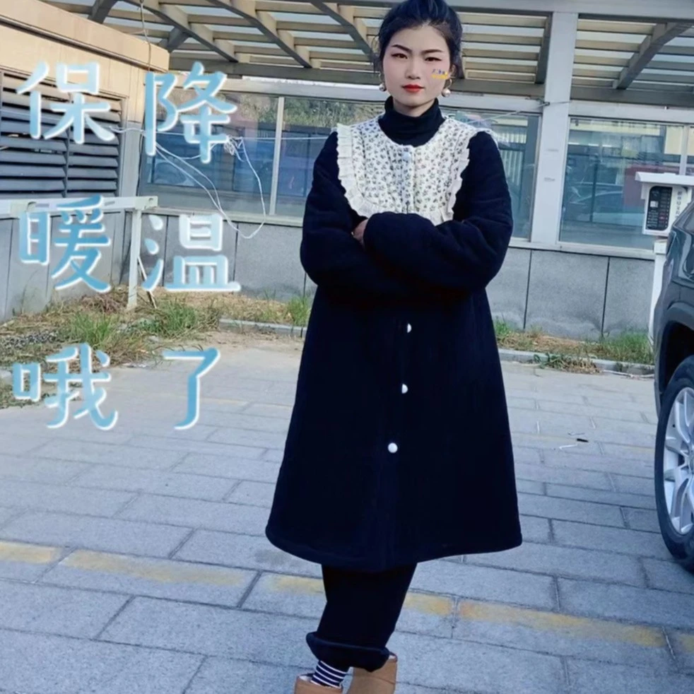 灯芯绒三层加绒加厚睡衣裙碎花领新款可外穿家居服