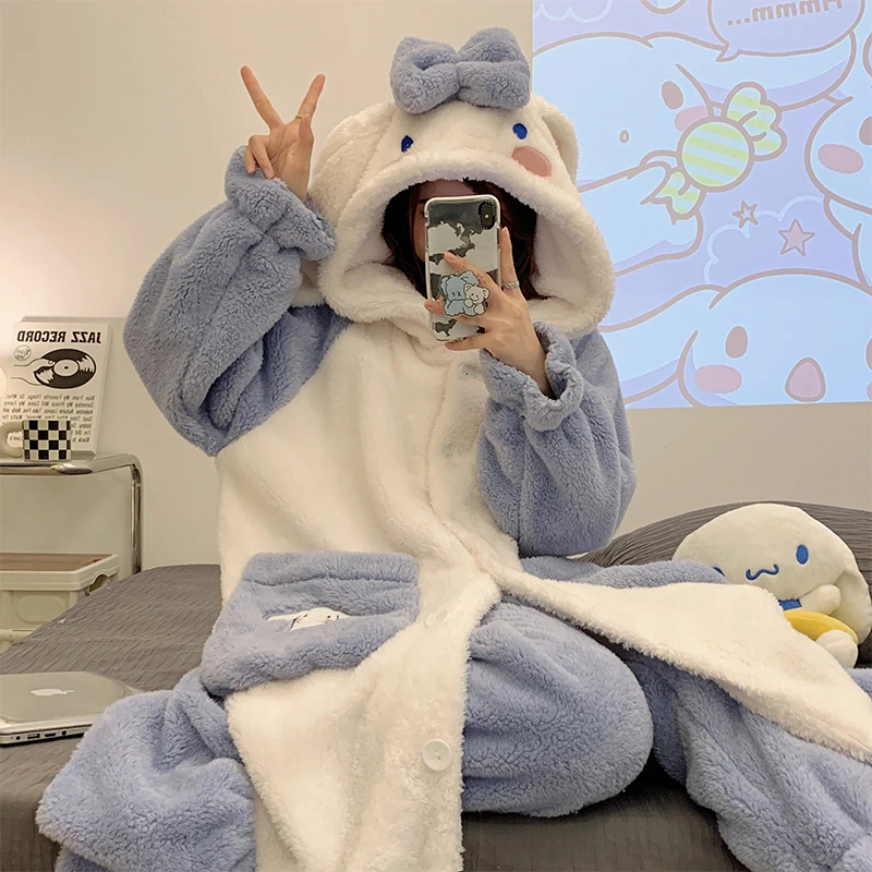 冬季新款珊瑚绒睡衣女秋睡袍长款加绒加厚法兰绒可外穿家居服套装