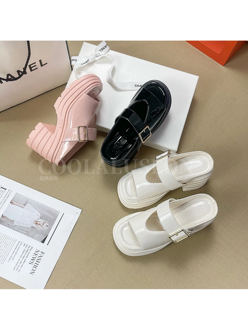 夏季新款时尚一字带防水高跟凉鞋百搭厚底一脚蹬女鞋230-5