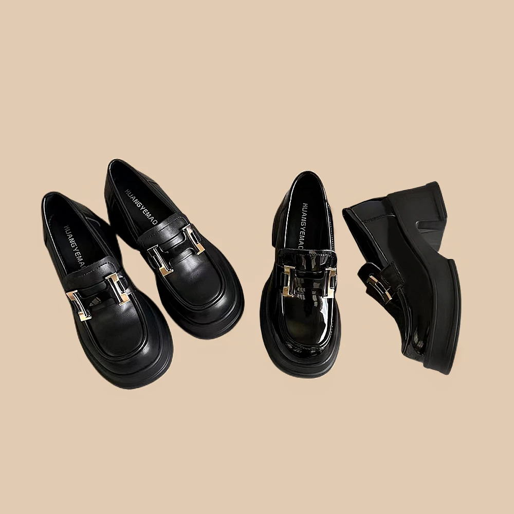 方圆头时尚英伦风H扣饰百搭款跟高6.8公分厚底粗跟休闲乐福鞋6222