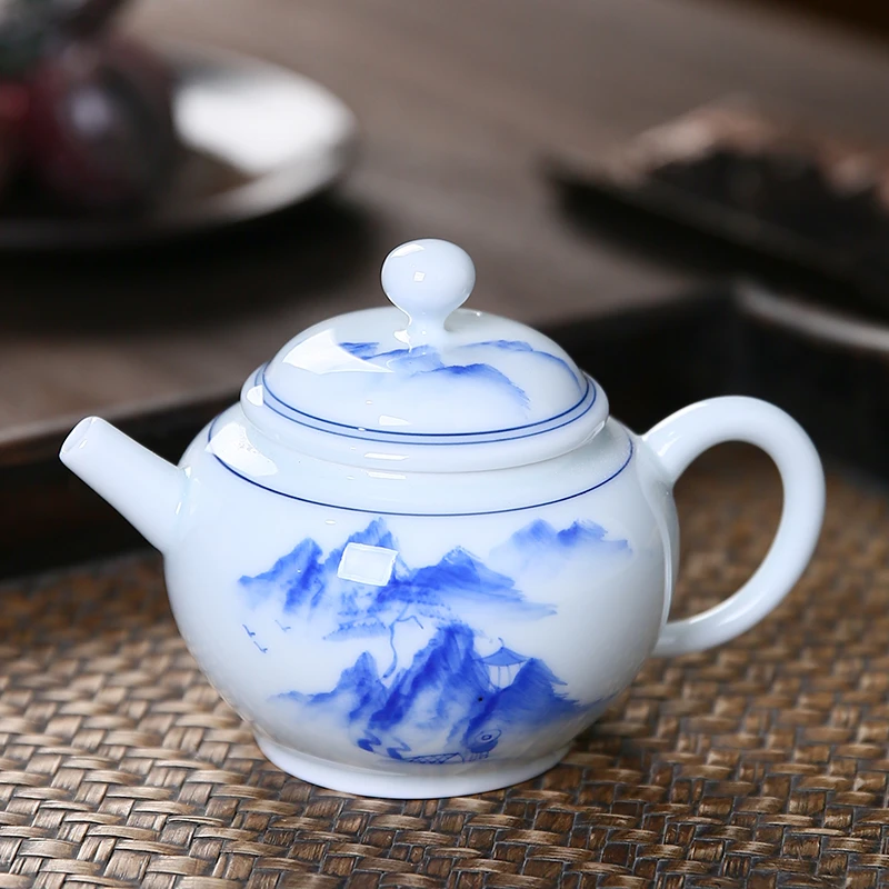 岑陶景德青花瓷手绘茶壶釉下彩手工山水单壶中式泡茶壶茶杯