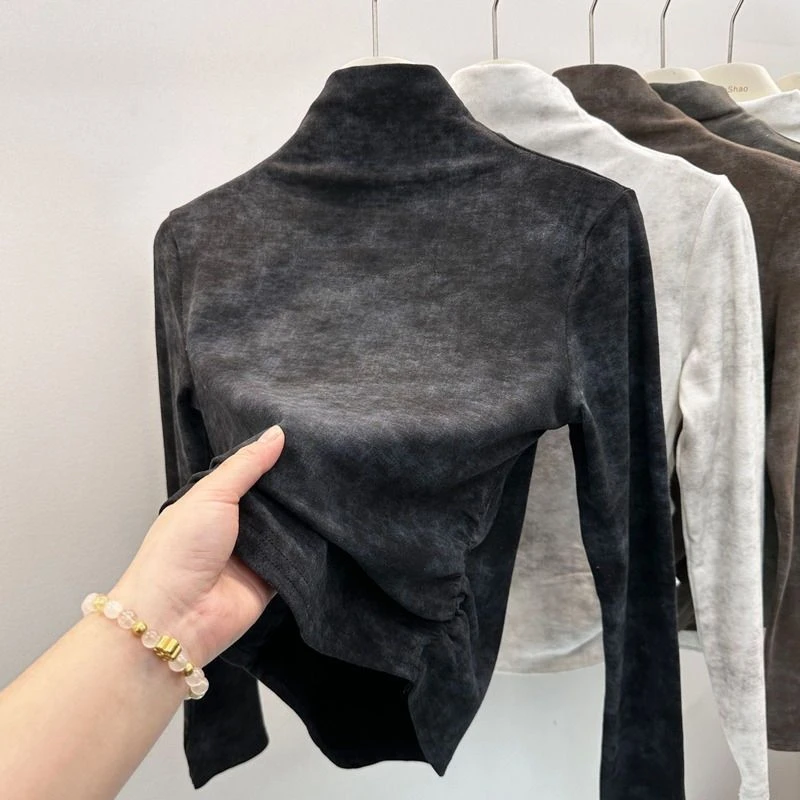 秋冬新款小众正肩半高领褶皱收腰扎染长袖设计感德绒内搭上衣女