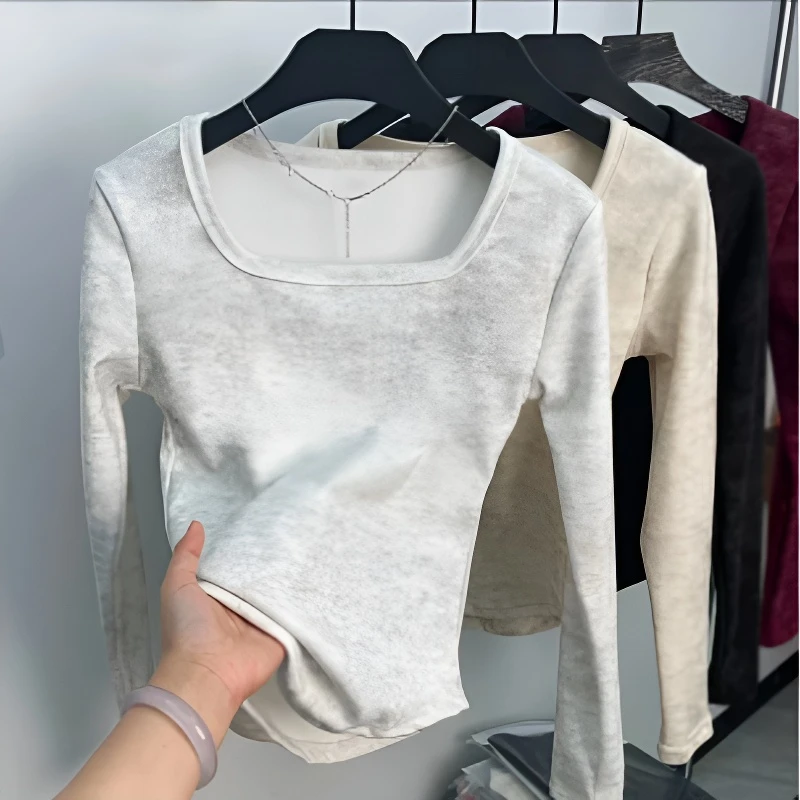 秋冬新款小众正肩方领褶皱收腰扎染长袖设计感德绒内搭上衣女显瘦