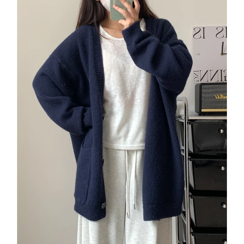 鑫鑫同学藏蓝色韩系针织开衫外套女秋冬宽松慵懒长袖藏青开衫上衣