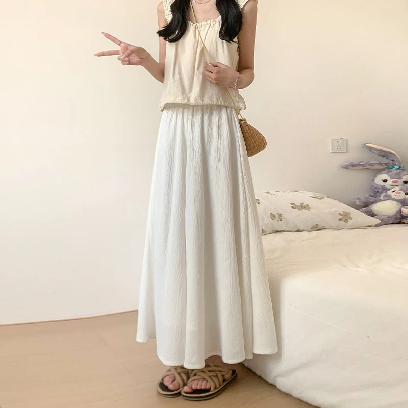鑫鑫同学白色半身裙女夏季松紧腰高腰显瘦大摆裙A字长裙休闲裙裤