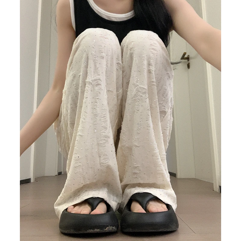 鑫鑫同学破洞闪钻垂坠感白色裤子女2025夏季新款宽松拖地阔腿裤