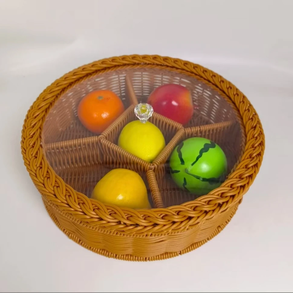 纯手工编织带盖五帝钱分隔收纳筐零食筐干果盒杂物筐