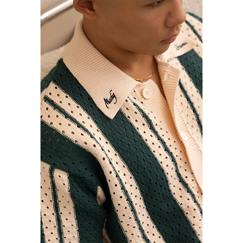 MEDRIA复古条纹针织衬衫短袖美式宽松情侣百搭休闲男女同款衬衣