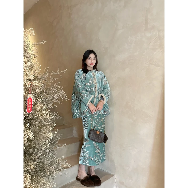 蓝色毛边绒面亮片外套半身裙两件套装女秋冬小个子新中式国风套装