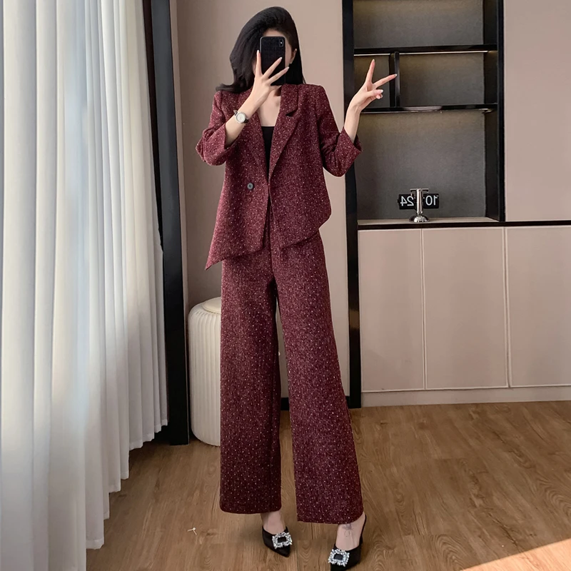 高级感安可拉红色西服时尚套装女高个子不规则西装外套长裤两件套