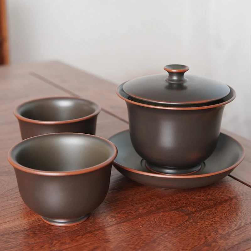 不烫手三才陶瓷高档瓷盖碗盖碗套组茶杯广西坭兴陶茶具