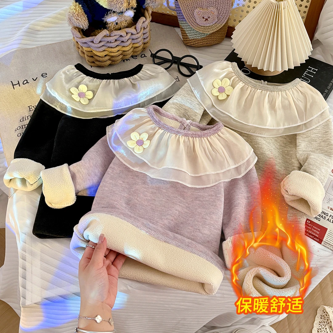 冬季新款女孩T恤甜美洋气女童娃娃花边上衣宝宝长袖加绒打底衫