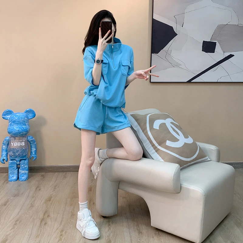 夏季短袖春秋长袖运动服套装女纯色宽松高级感女装休闲套装两件套