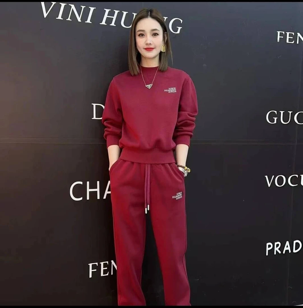 Vini秋冬套装加绒时尚高级感气质百搭酒红长袖纯色休闲运动套装